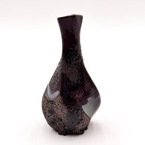 May include: A dark brown ceramic vase with a textured surface and a narrow neck. The vase has a unique, organic shape and iridescent accents in shades of blue and green. The vase is approximately 6 inches tall.