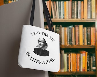 Bolsa de tela "Pongo la luz en la literatura" - Regalo divertido para profesores de inglés - Bolsa para amantes de los libros - Bolsa con juegos de palabras literarios - Regalo para amantes de los libros
