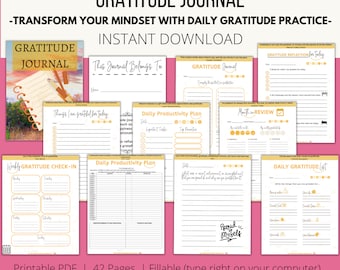 May include: A printable gratitude journal with 42 pages. The journal features a yellow and white color scheme with a variety of pages for daily gratitude reflections, productivity planning, and monthly reviews. The text "Gratitude Journal" is featured in a bold, yellow font.