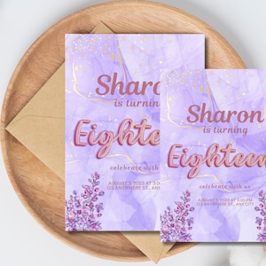 Lilac Gold 18th Birthday Invitation Printable, Editable Any Age Birthday Lilac Purple, Instant Download Template,21th Birthday card, PDF