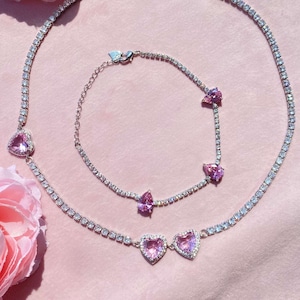Y2K Pink Heart Diamond Choker Necklace and Bracelet Set