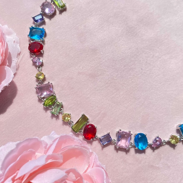 Handgefertigte Bunte CZ Diamant Choker: Y2K Edelstein Halskette
