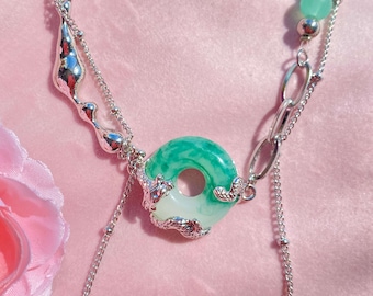 Y2K Green Jade Pendant Necklace: Stainless Steel Chain, Handmade Jewelry
