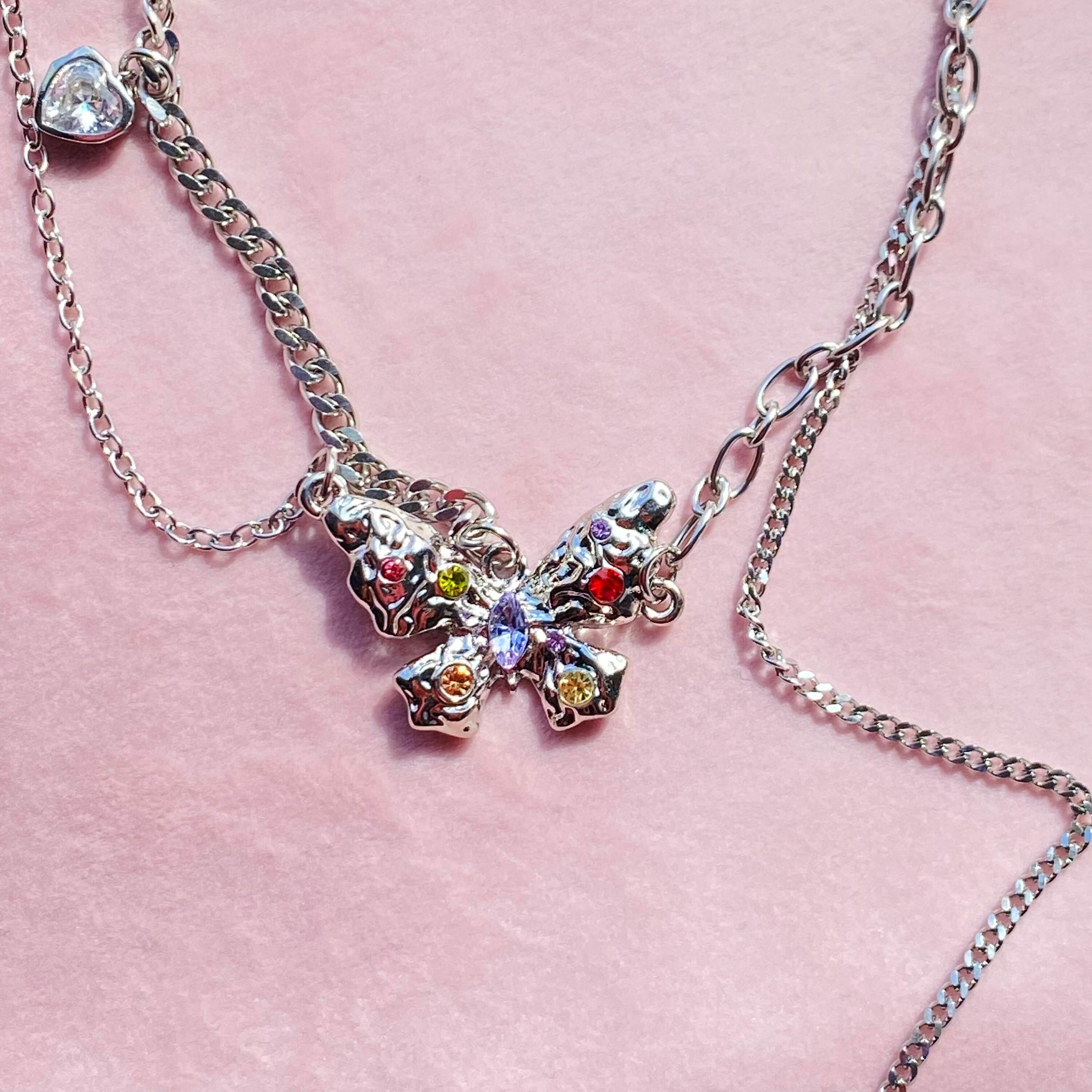 Y2K Butterfly Pendant Necklace: Gemstone Diamond Accent, Silver Chain