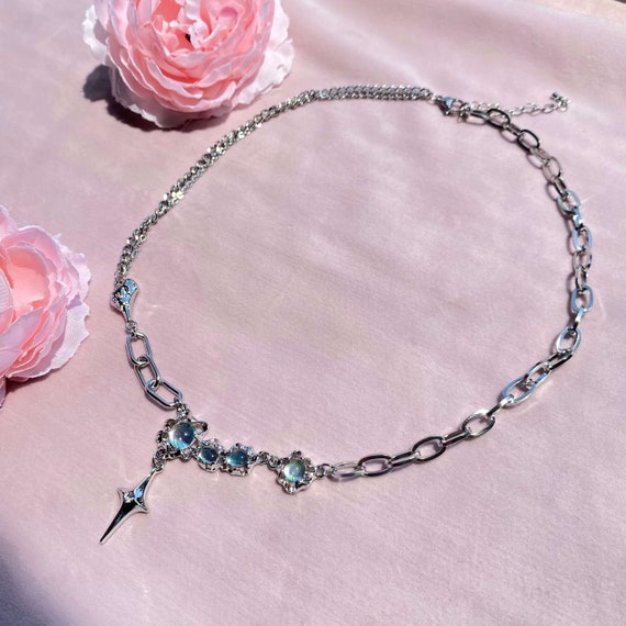 Y2K Star Pendant Necklace: Opal Moonstone Charm, Handmade Jewelry