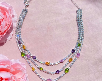 Y2K Handmade CZ Diamond Choker: Colorful Water Drop Tassel Necklace