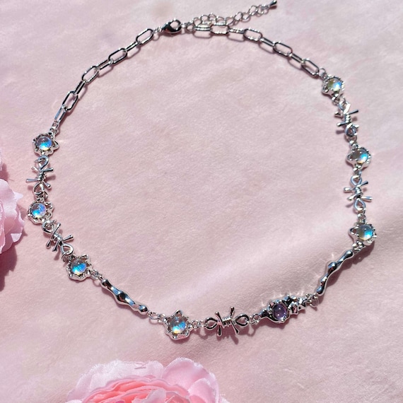 Y2K Moonstone Knot Necklace: Handmade Silver-Plated Chain