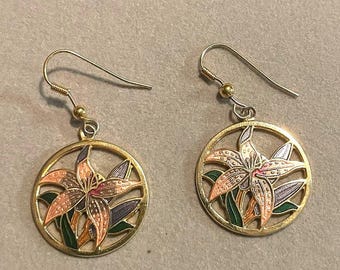 Cloisonne Floral Gold Tone Dangle Drop Earrings