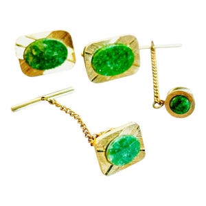 Vintage Jade Gold Tone Mens Jewelry Set Cufflinks Tie Tacks