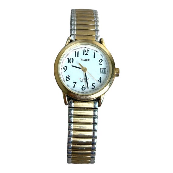 Vintage Timex Indiglow Stainless Steel  Stretch band Watch, 1970’s New Battery Vintage 1970/80s Timex Indiglo Compass Bezel White Dial  main image 3