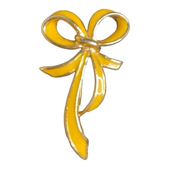 Vintage Yellow Ribbon Enamel Gold Tone Brooch - image 1