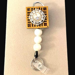 Handmade Beaded Badge Reel Wooden Frame Rhinestone Center