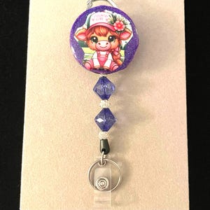 Handmade Beaded Badge Reel Cute Country Girl Cow