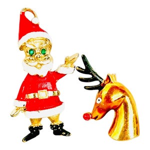 Broches vintage com tema natalino de meados do século, Papai Noel e Rudolph