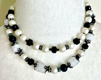 Vintage Signed Japan Black White Glass Stone Faux Pearl Layered Choker Necklace