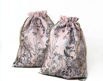 Drawstring Bag Pink Floral Storage Travel Inside-lining Pouch