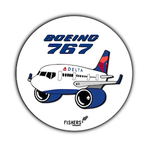 Delta Airlines 767 - 3&quot; Circular Cartoon Sticker! - Decals - Water-Resistant - Pilot - Airline