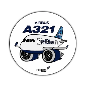 JetBlue Airways A-321 - 3" Circular Cartoon Sticker! - Decals - Water-Resistant - Pilot - Airline