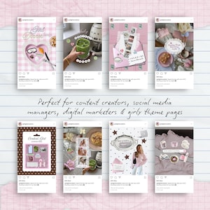 May include: A digital collection of eight social media post templates featuring pink and brown color palettes, heart-shaped frames, and various lifestyle imagery. The templates include text overlays like My Girl Dinner, July Content Ideas, and Content Girl Starter Pack.
