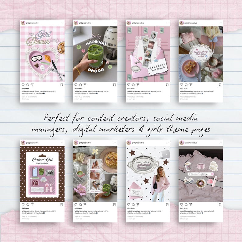 May include: A digital collection of eight social media post templates featuring pink and brown color palettes, heart-shaped frames, and various lifestyle imagery. The templates include text overlays like My Girl Dinner, July Content Ideas, and Content Girl Starter Pack.