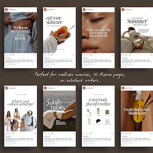 Może przedstawiać: Kolekcja post&oacute;w na Instagramie o tematyce wellness i pielęgnacji sk&oacute;ry. Posty zawierają teksty takie jak "eat your skincare", "Wellness isn't a trend, it's a lifestyle" i "Foods that reduce bloating fast". Obrazy są w neutralnej palecie kolor&oacute;w.