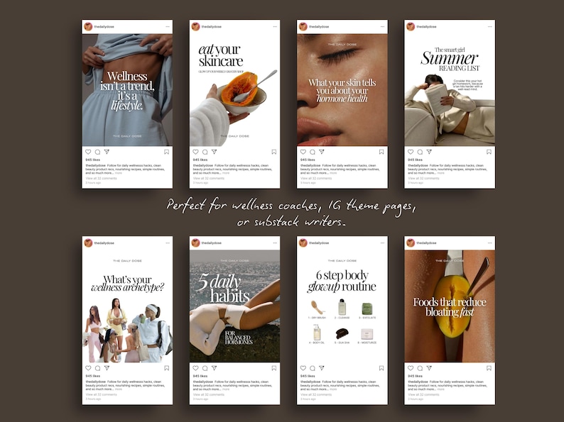 Może przedstawiać: Kolekcja post&oacute;w na Instagramie o tematyce wellness i pielęgnacji sk&oacute;ry. Posty zawierają teksty takie jak "eat your skincare", "Wellness isn't a trend, it's a lifestyle" i "Foods that reduce bloating fast". Obrazy są w neutralnej palecie kolor&oacute;w.