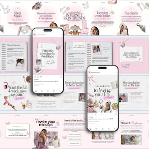 May include: A pink and white graphic with text about skincare and self-care. The image includes a smartphone displaying an Instagram post, along with text such as "Eye creams", "Sheet Masks", and "12 habits to level up your life."