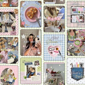 May include: Aesthetic collage featuring images with a pastel colour palette. The images include food, fashion, and lifestyle elements. Text overlays include "Spring", "one day in my life", and "What's in my Pocket".