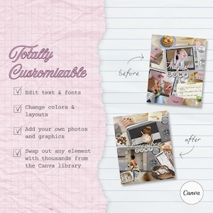 May include: A digital template graphic on lined paper featuring the text Totally Customizable with checkboxes for editing text, fonts, colors, layouts, and adding photos. It displays before and after examples of photo collages labeled August Dump and December Dump.