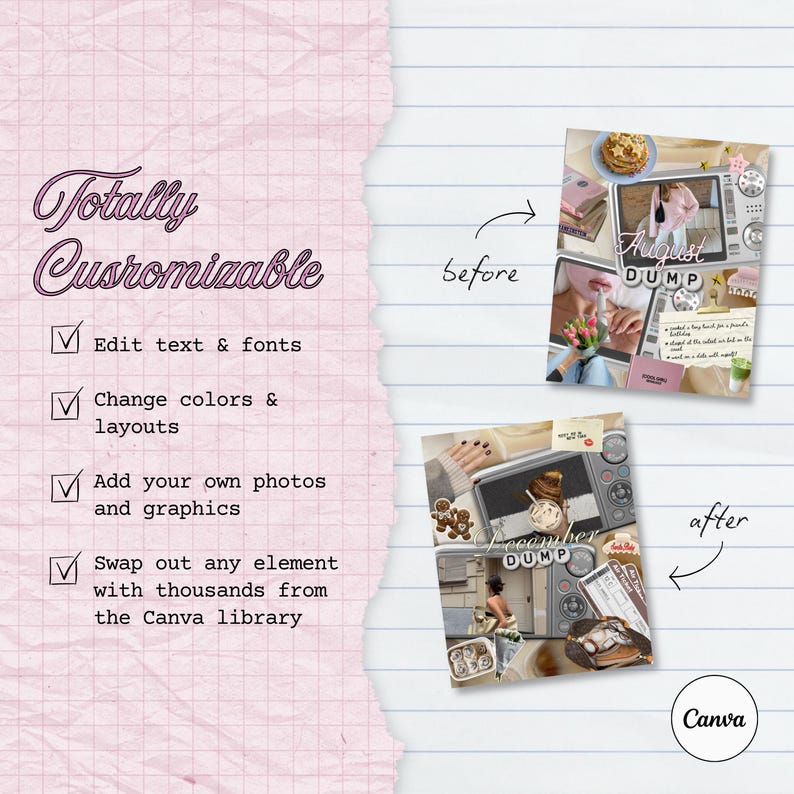 May include: A digital template graphic on lined paper featuring the text Totally Customizable with checkboxes for editing text, fonts, colors, layouts, and adding photos. It displays before and after examples of photo collages labeled August Dump and December Dump.