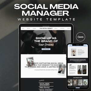 Könnte beinhalten: Eine Website-Vorlage für Social-Media-Manager mit einem schwarz-weißen Design und dem Text "SOCIAL MEDIA MANAGER WEBSITE TEMPLATE" und "THE SOCIAL AGENCY". Die Website enthält auch einen Call-to-Action-Button mit dem Text "Let's Create Magic".
