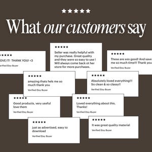 Może przedstawiać: Obraz z opiniami klient&oacute;w z pięciogwiazdkowymi ocenami i pozytywnymi komentarzami, takimi jak "LOVE IT! THANK YOU!" i "Good products, very useful love them." Tekst "What our customers say" znajduje się na g&oacute;rze.