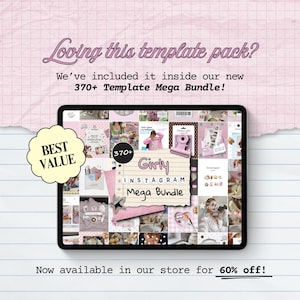 May include: A digital tablet screen displays a grid of social media templates with a central note reading Girly Instagram Mega Bundle. A yellow badge says BEST VALUE and a pink binder clip is attached to the note. The background is pink grid paper.
