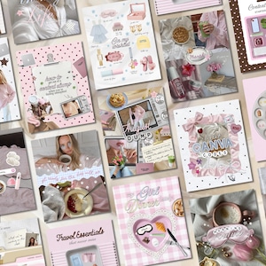 May include: A collection of digital collage templates featuring various lifestyle themes, including morning routines, travel essentials, and content planning, decorated with pink, white, and brown patterns, polka dots, and gingham prints.