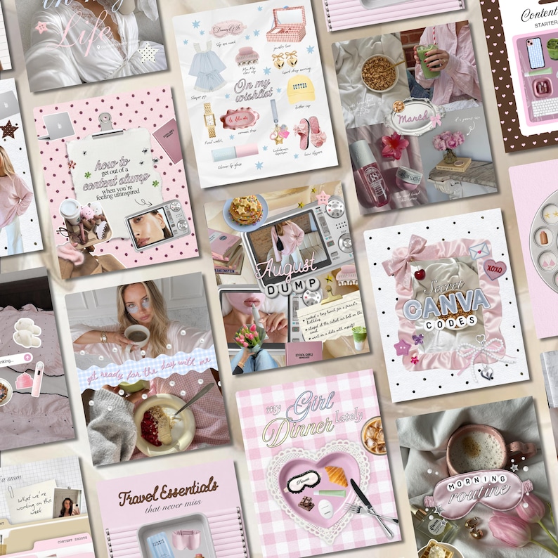 May include: A collection of digital collage templates featuring various lifestyle themes, including morning routines, travel essentials, and content planning, decorated with pink, white, and brown patterns, polka dots, and gingham prints.