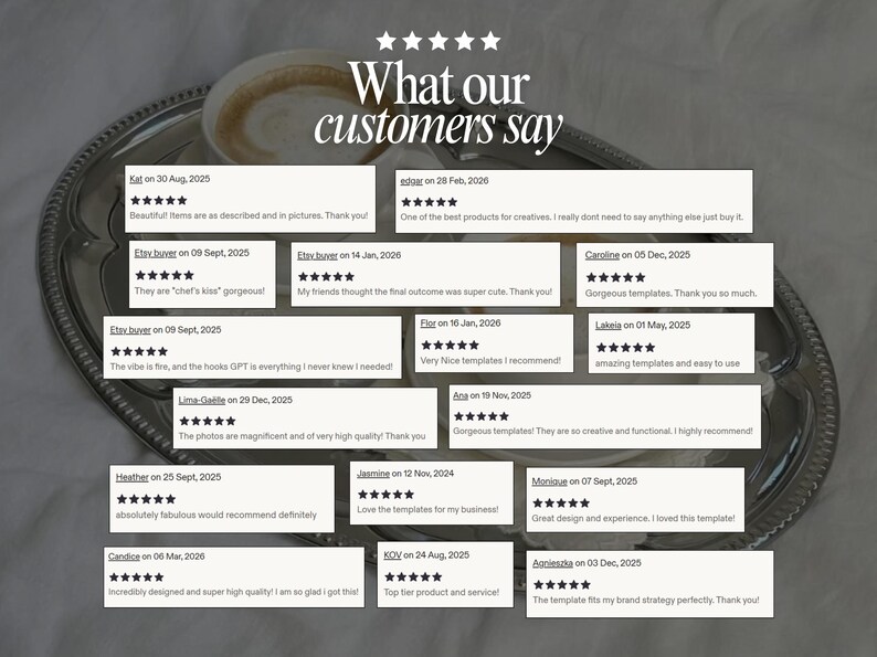 May include: A silver serving tray with a cup of coffee and customer reviews. The reviews are in white boxes with black text and star ratings. The text at the top says "What our customers say."