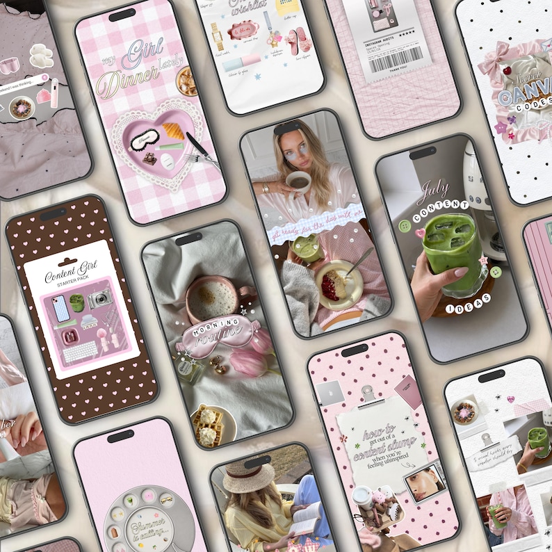 May include: A collection of smartphones displaying various digital aesthetic templates, including pink gingham patterns, polka dots, and heart-shaped graphics. The screens feature text overlays like 'Girl Dinner', 'Content Girl', and 'Morning Routine' alongside lifestyle imagery.