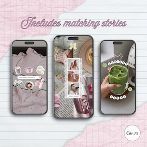 May include: Three smartphones displaying digital social media templates with the text Includes matching stories, July Content Ideas, and June recap. The screens feature collages of lifestyle imagery, including bedding, skincare products, and matcha.