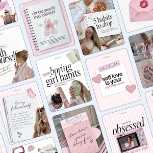 May include: A collection of digital social media graphics featuring a pink and white colour palette with motivational text overlays such as Choose growth over comfort, 5 habits to drop, boring girl habits, and self love is your superpower.