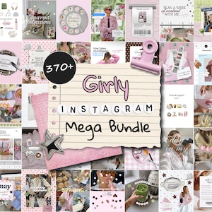 Può includere: Un collage digitale di modelli per social media con una nota centrale in carta strappata con il testo Girly Instagram Mega Bundle, circondato da varie immagini lifestyle, accenti rosa, una grande clip rosa e un'icona a forma di stella.