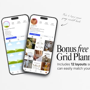 Może przedstawiać: Dwa smartfony wyświetlające profile na Instagramie, jeden ze zdjęciem krajobrazu, a drugi z siatką zdjęć. Tekst brzmi "Bonus free Grid Planners" i "Includes 12 layouts". Odręczna notatka m&oacute;wi "This is how your page could look".