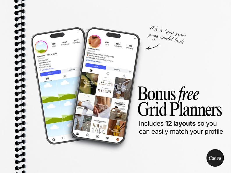 Może przedstawiać: Dwa smartfony wyświetlające profile na Instagramie, jeden ze zdjęciem krajobrazu, a drugi z siatką zdjęć. Tekst brzmi "Bonus free Grid Planners" i "Includes 12 layouts". Odręczna notatka m&oacute;wi "This is how your page could look".