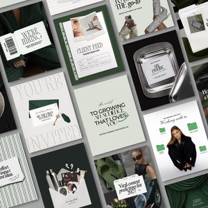 Puede incluir: Una variedad de materiales de marketing en tonos verdes y blancos, incluyendo tarjetas, folletos y un teléfono de disco. Algunos elementos presentan texto como "We're Hiring" y "Client Feed".