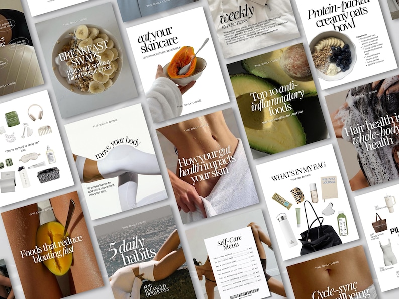 Może przedstawiać: Kolekcja stron magazyn&oacute;w o tematyce lifestyle i wellness. Strony zawierają tekst i obrazy związane z takimi tematami jak pielęgnacja sk&oacute;ry, zdrowe odżywianie, ćwiczenia i dbanie o siebie. Paleta kolor&oacute;w jest gł&oacute;wnie biała.
