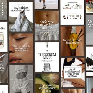 Op de afbeelding: Een collage van afbeeldingen met tekst over welzijn, huidverzorging en gezondheid. De afbeeldingen bevatten tekst zoals "The skin health files", "How bad sleep derails good skin" en "Cycle-sync your wellbeing routine". Andere afbeeldingen tonen eten en beweging.