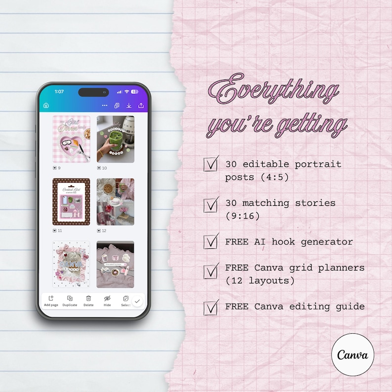 May include: A smartphone displaying a Canva interface with a grid of six social media templates. To the right, text reads: Everything you're getting, 30 editable portrait posts (4:5), 30 matching stories (9:16), FREE AI hook generator, FREE Canva grid planners (12 layouts), FREE Canva editing guide.