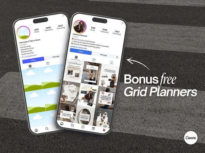 Instagram Grid Planner Canva Templates.

You’ll get 12 unique Instagram grid layouts designed to help you effortlessly plan your IG profile, curate a cohesive aesthetic, and map out your perfect content flow.

These 2025 algorithm-friendly designs include a variety of layout styles, all perfectly sized to drop straight into Canva frame mockups. Use them for your own content planning, or for social media management client proposals, audits, and content strategy presentations.