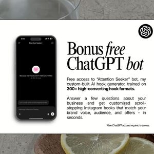 Może przedstawiać: Obraz promocyjny z darmowym botem ChatGPT do generowania haczyk&oacute;w na Instagramie. Obraz przedstawia smartfon wyświetlający interfejs aplikacji z tekstem "Attention Seeker". Tekst zawiera "Bonus free ChatGPT bot" i szczeg&oacute;ły dotyczące generatora haczyk&oacute;w AI.