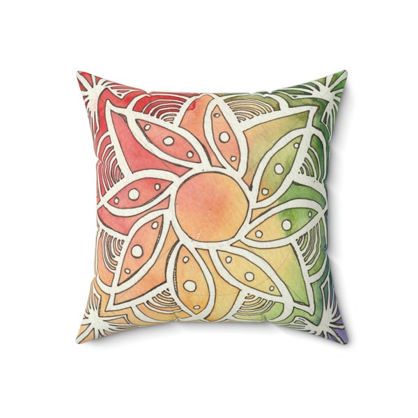 Square Pillow Rainbow Mandala Spun Polyester