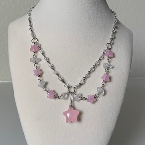 Layered Star Necklace, Handmade Pink Necklace
